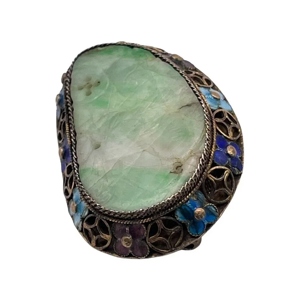 Sterling Silver 925 Carved Jade Enameled Brooch‎ Pin VTG Chinese Asian Flowers